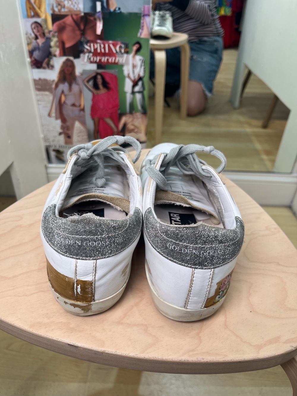 Golden Goose White Leather Sneakers with Floral Side Art and Gold Toe - Picture 5 of 5
